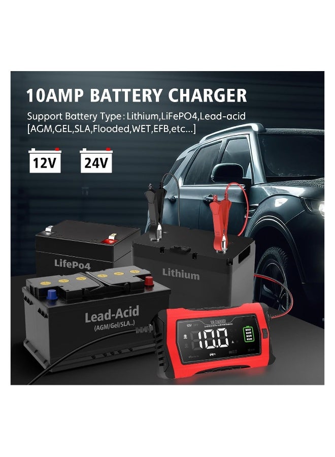 Battery Charger, Trickle Charger, 10-Amp 12V and 24V Smart Car Battery Charger, Battery Maintainer and Desulfator, for Car Motorcycle Lawn Mower..Lithium, LiFePO4, Lead Acid (AGM/Gel/SLA) - Image 1