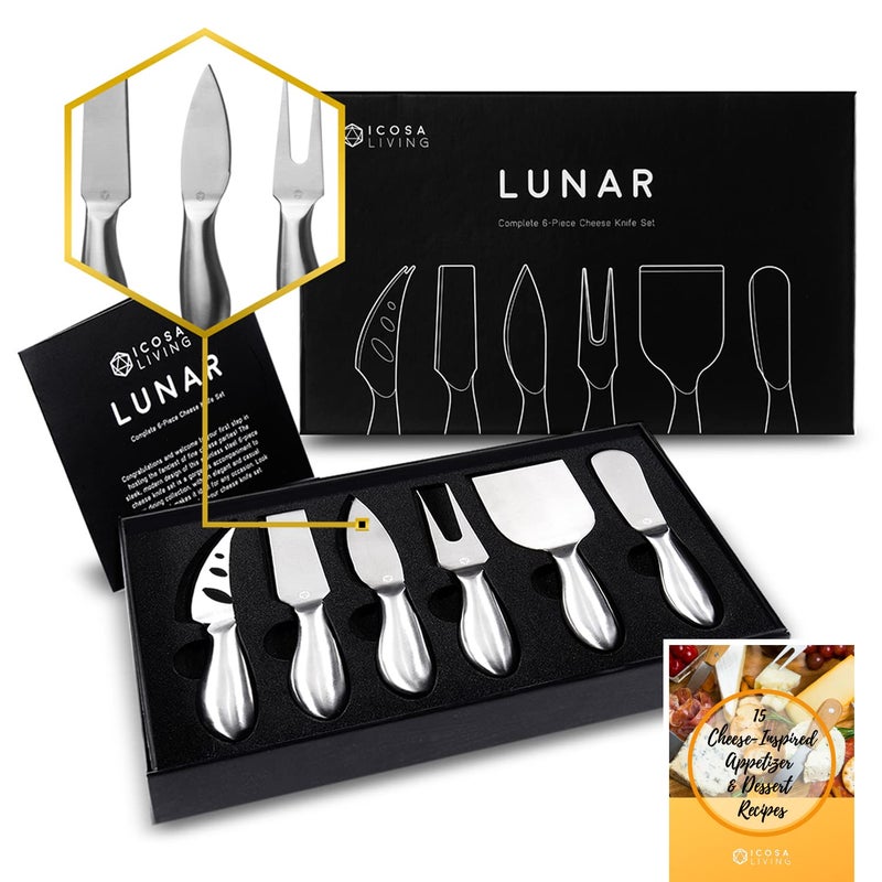 ICOSA Living Lunar 6-Piece Cheese Knife Set - Premium Stainless Steel Cheese Knives Collection - Charcuterie Board Accessories Gift Ready w/ 15 Festive Recipes - Image 1