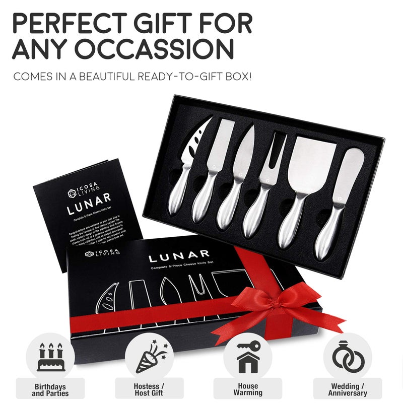 ICOSA Living Lunar 6-Piece Cheese Knife Set - Premium Stainless Steel Cheese Knives Collection - Charcuterie Board Accessories Gift Ready w/ 15 Festive Recipes - Image 3