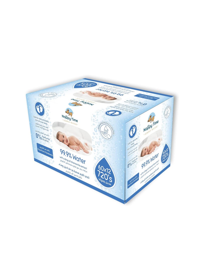 Nappy Time Baby Wipes 99.9% pure water with Chamomile extract - fragrance, alcohol, and paraben free baby wipes, safe for newborn skin, Pack of 8 Pouches +4 Free x60 Sheets, 720 Wipes