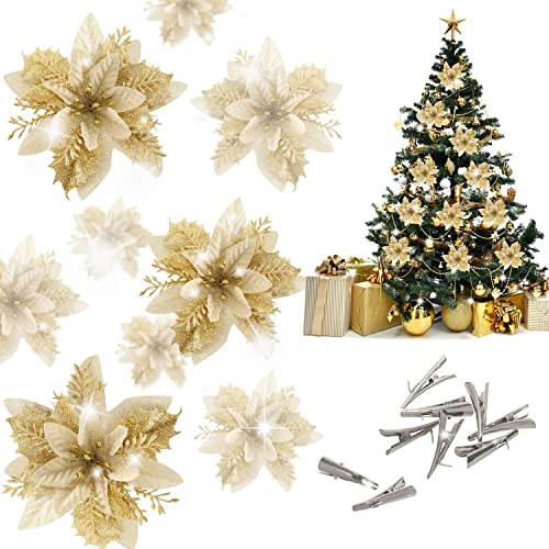 BAOTUJIA 12Pcs Christmas Poinsettias Flowers Decoration Artificial Flowers for Christmas Tree Ornaments Suitable for Home Christmas Decorations Xmas Tree Decorations Items Wreath Making, Gold - Image 1