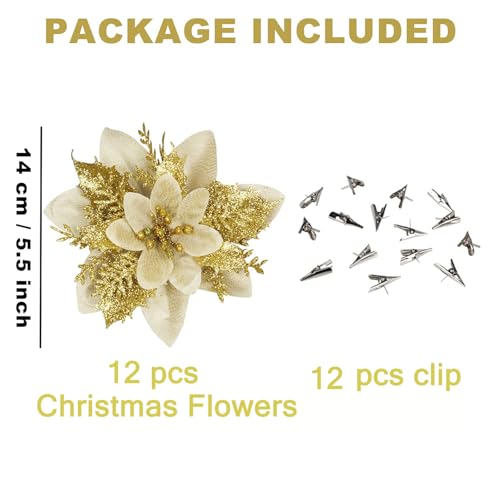 BAOTUJIA 12Pcs Christmas Poinsettias Flowers Decoration Artificial Flowers for Christmas Tree Ornaments Suitable for Home Christmas Decorations Xmas Tree Decorations Items Wreath Making, Gold - Image 2