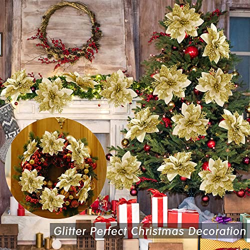 BAOTUJIA 12Pcs Christmas Poinsettias Flowers Decoration Artificial Flowers for Christmas Tree Ornaments Suitable for Home Christmas Decorations Xmas Tree Decorations Items Wreath Making, Gold - Image 5