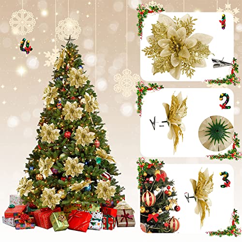 BAOTUJIA 12Pcs Christmas Poinsettias Flowers Decoration Artificial Flowers for Christmas Tree Ornaments Suitable for Home Christmas Decorations Xmas Tree Decorations Items Wreath Making, Gold - Image 4