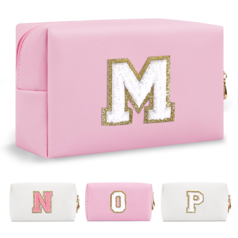 Personalized Initial AZ Preppy Patch Makeup BagSmall PU Chenille Letter Cosmetic Bag with ZipperWaterproof Cute Toiletry Organizer BagMonogram Makeup Case Gift for Women GirlsLetter M