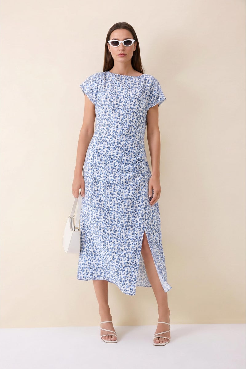 DeFacto Blue Woman Regular Fit Crew Neck Printed Batwing Dress Casual - Image 2