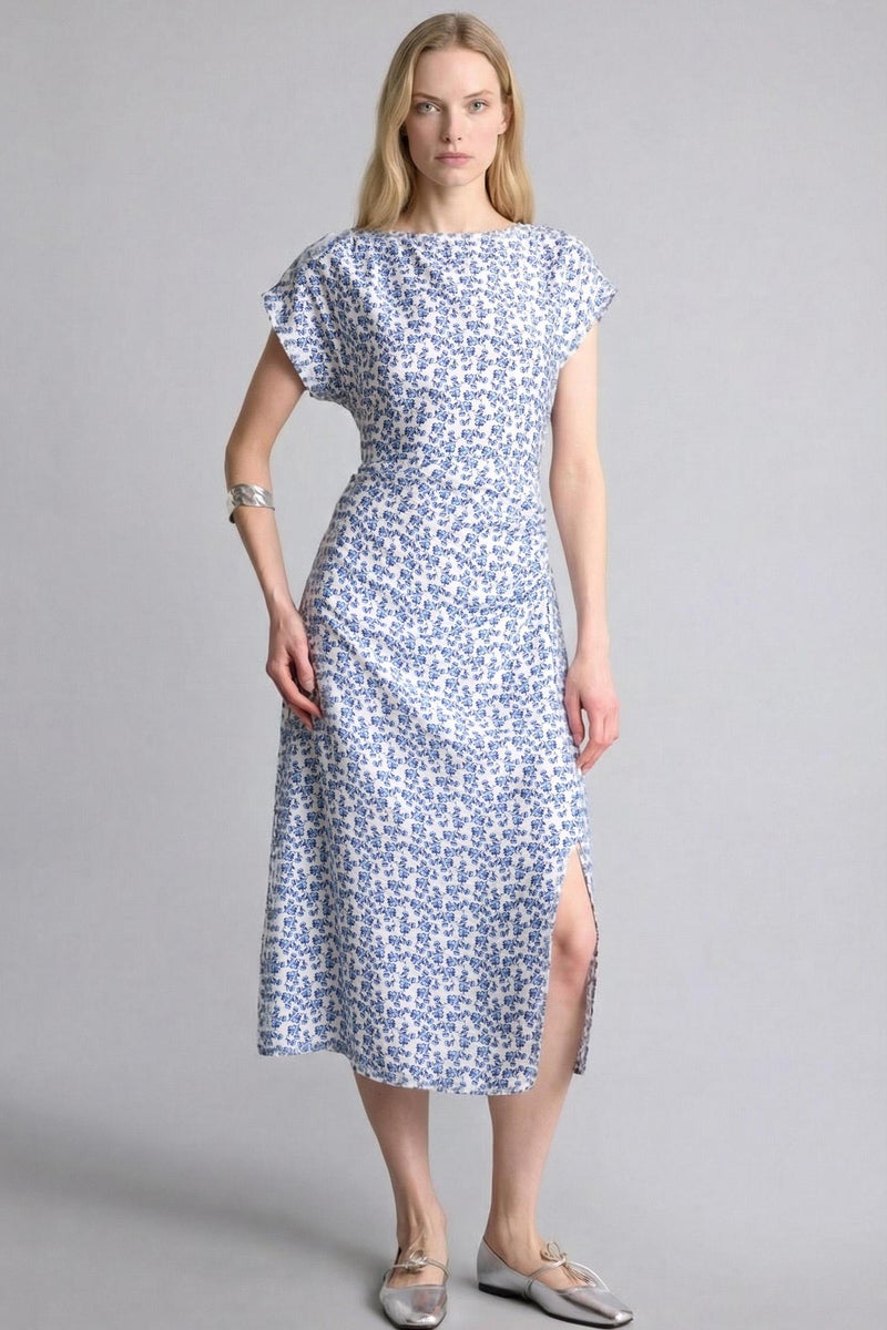 DeFacto Blue Woman Regular Fit Crew Neck Printed Batwing Dress Casual - Image 4