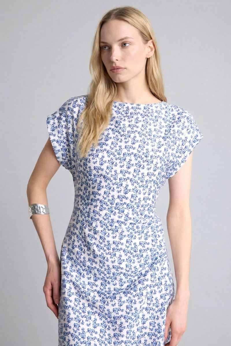 DeFacto Blue Woman Regular Fit Crew Neck Printed Batwing Dress Casual - Image 5