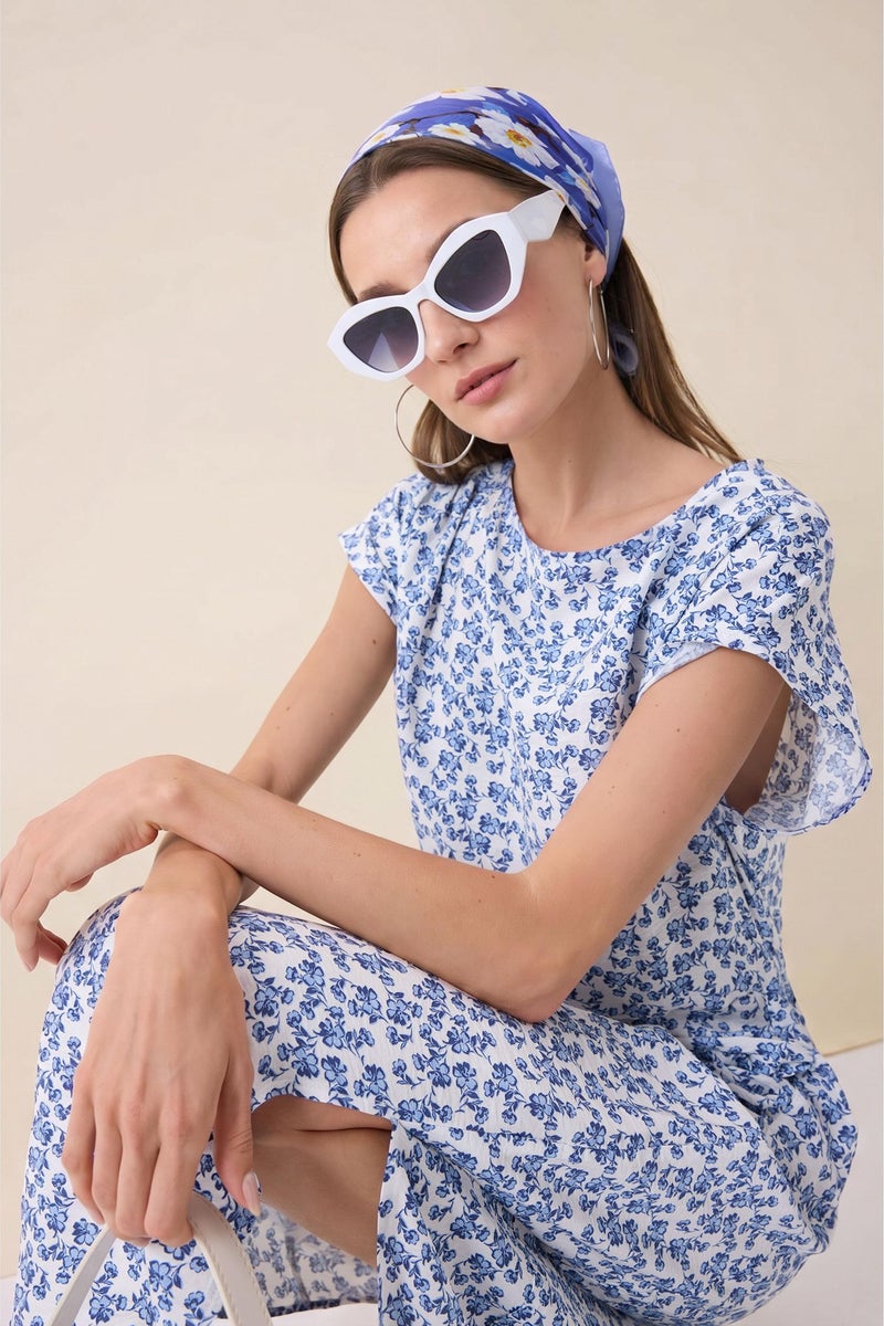 DeFacto Blue Woman Regular Fit Crew Neck Printed Batwing Dress Casual - Image 1