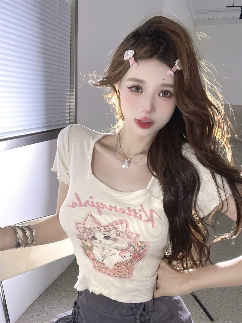 Pure Sweet Spice Girl Hong Kong Style Vintage Chic Square Collar Short Top Design Niche Short-Sleeved T-Shirt For Women In Summer - Image 4