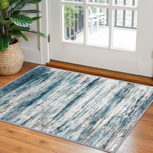 KOZYFLY Modern Abstract Small Area Rugs 2x3 Washable Kitchen Rug NonSlip Soft Small Bathroom Rug Blue Striped Entryway Rugs Print Faux Wool Doormat for Bedside Entrance Bedroom Sink - Image 1