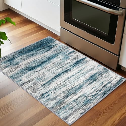 KOZYFLY Modern Abstract Small Area Rugs 2x3 Washable Kitchen Rug NonSlip Soft Small Bathroom Rug Blue Striped Entryway Rugs Print Faux Wool Doormat for Bedside Entrance Bedroom Sink - Image 3