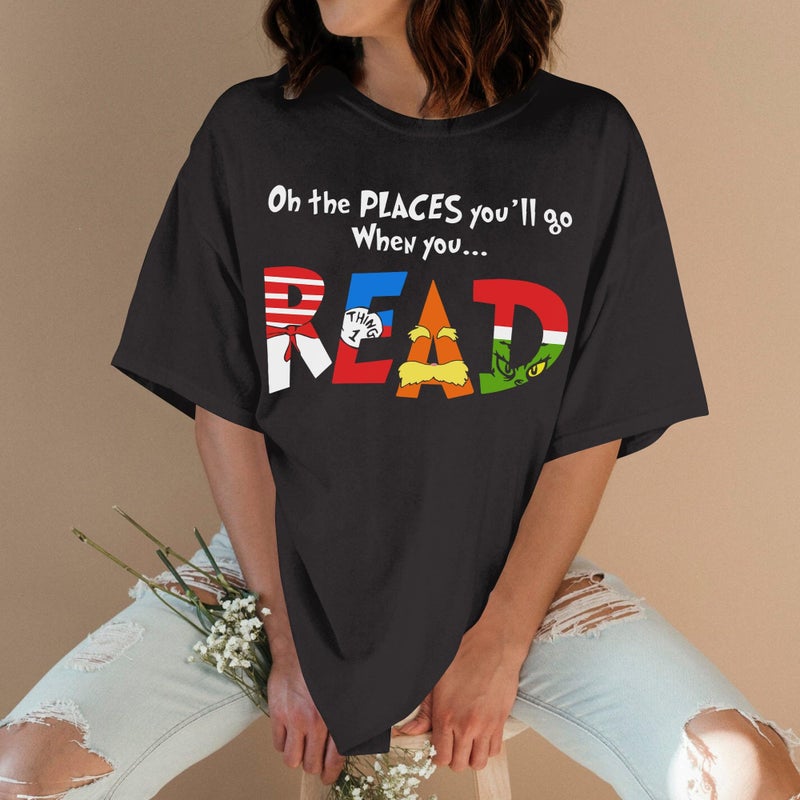 DIGForest The Places Reading Teacher Shirt Women - Read Across America Teacher Shirts Women - Read More Books Character Tshirt for Reading Day - 100 Days of School Tee for Sped Teachers (Black-XL) - Image 2