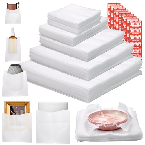 VIOBEPASS 160 Pcs Packing Moving Foam Pouches Sheets 5 Sizes Cushion Foam Wrap Pouches with Fragile Stickers for Protect Dishes Cup Glasses Storage Supplies 78X78 78X12 12X12 14X14 16X16 - Image 1