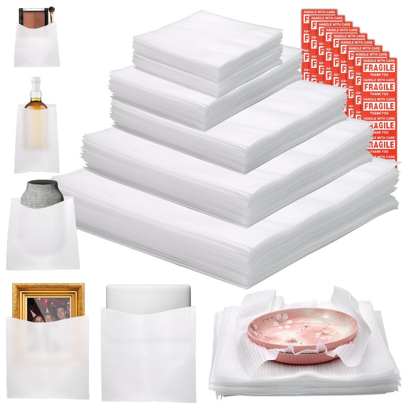 VIOBEPASS 160 Pcs Packing Moving Foam Pouches Sheets 5 Sizes Cushion Foam Wrap Pouches with Fragile Stickers for Protect Dishes Cup Glasses Storage Supplies 78X78 78X12 12X12 14X14 16X16 - Image 2