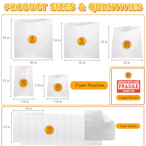 VIOBEPASS 160 Pcs Packing Moving Foam Pouches Sheets 5 Sizes Cushion Foam Wrap Pouches with Fragile Stickers for Protect Dishes Cup Glasses Storage Supplies 78X78 78X12 12X12 14X14 16X16 - Image 3