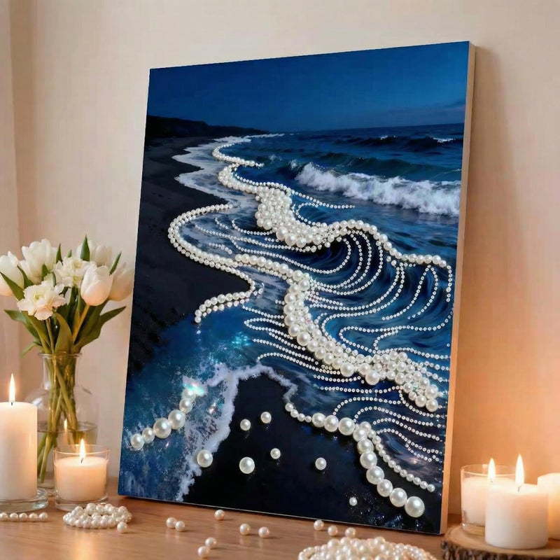 vhemo DIY 3D Pearl Painting Kit with Wooden Frame Upgraded Diamond Art Kits for Adults Ready to Hang Gem Painting Relaxing Paint by Numbers Creative Mosaic Craft Serene Beach - Image 2