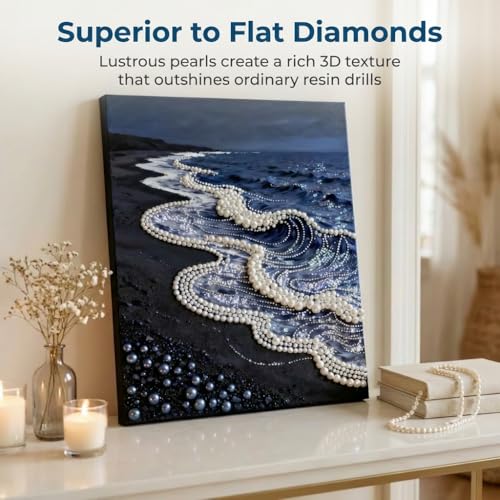 vhemo DIY 3D Pearl Painting Kit with Wooden Frame Upgraded Diamond Art Kits for Adults Ready to Hang Gem Painting Relaxing Paint by Numbers Creative Mosaic Craft Serene Beach - Image 3