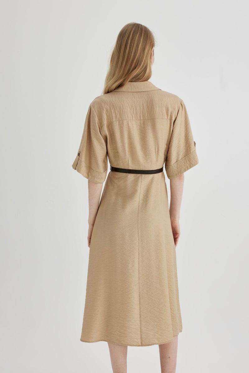 DeFacto Woman Shirt Collar Half Sleeve Belted Midi Dress - Image 4