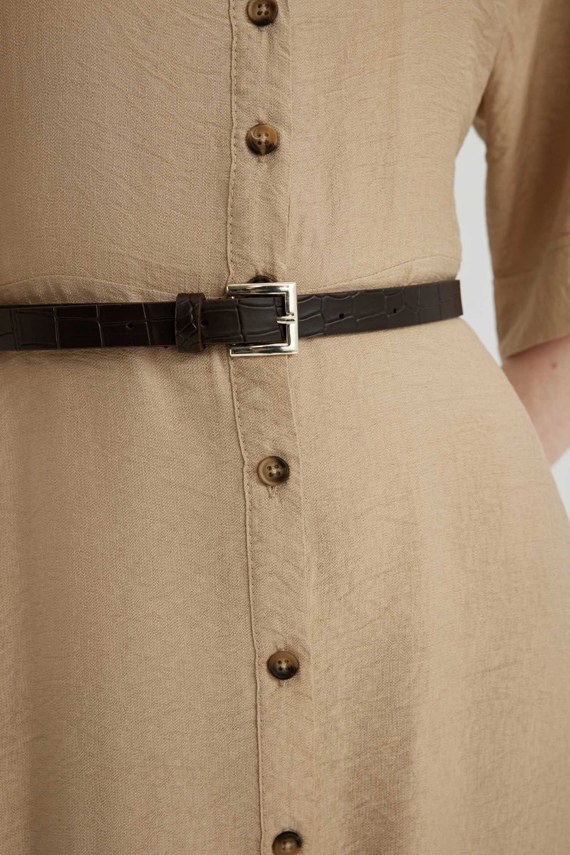 DeFacto Woman Shirt Collar Half Sleeve Belted Midi Dress - Image 2
