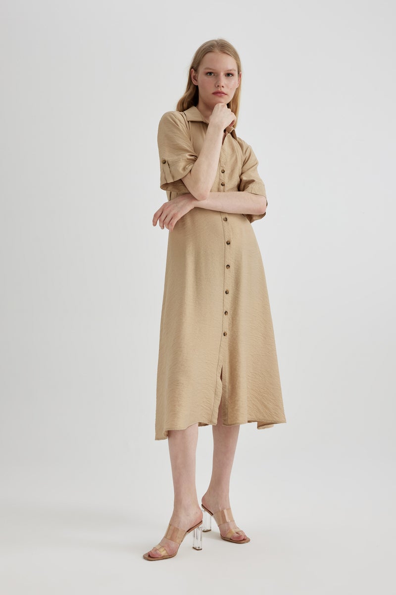 DeFacto Woman Shirt Collar Half Sleeve Belted Midi Dress - Image 5