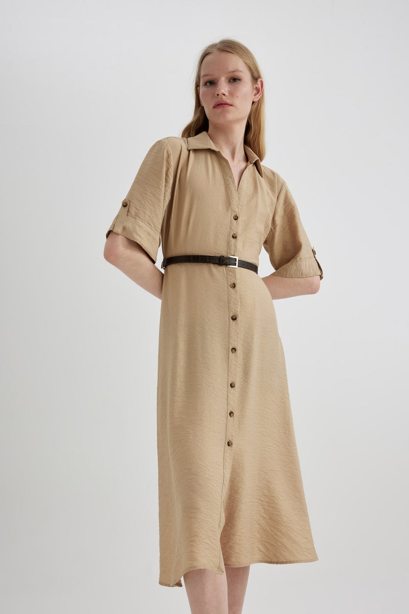 DeFacto Woman Shirt Collar Half Sleeve Belted Midi Dress - Image 1