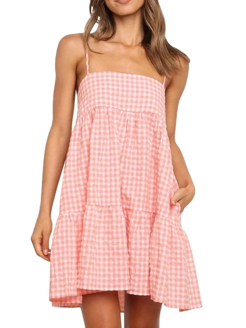 Wenrine Womens Summer Plaid Mini Dress Casual Spaghetti Strap Sleeveless A Line Beach Sundress with Pockets Pink - Image 1