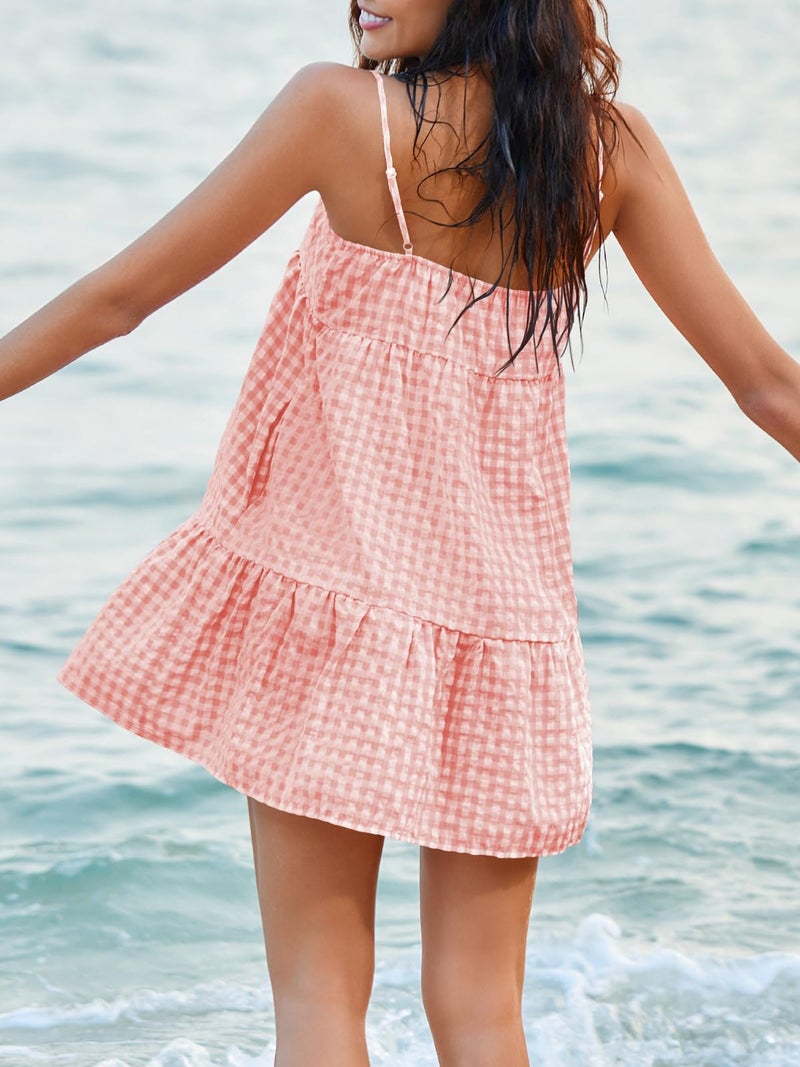 Wenrine Womens Summer Plaid Mini Dress Casual Spaghetti Strap Sleeveless A Line Beach Sundress with Pockets Pink - Image 4