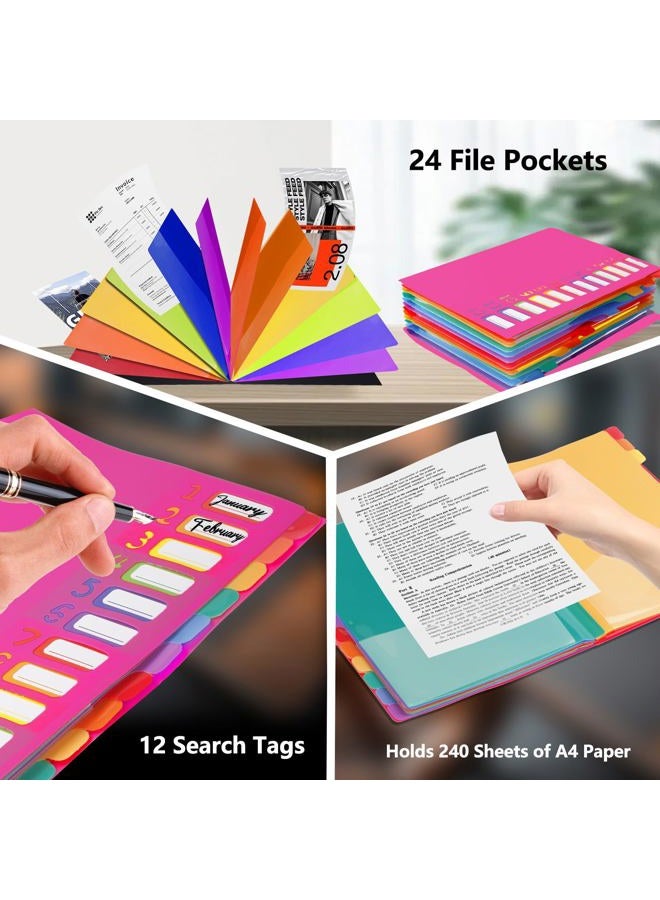 Mafegu 24 Pockets Expandable Folder,File Manager,Letter Size,Holds 240 Sheets,Plastic Rainbow Lined,Colorful Folders,Designed for Home,Office,School Test Papers Contract Organizer (Rose Pink) - Image 3