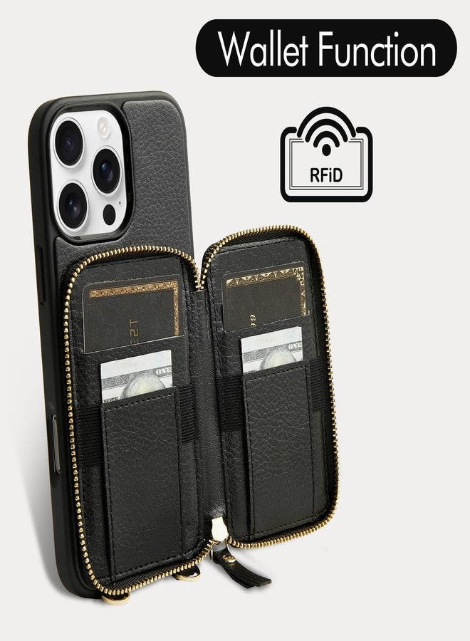 ZVE for iPhone 16 Pro Wallet Case with Card Holder, Zipper Crossbody Case with Wrist Strap for Women for iPhone 16 Pro 6.3" Black - Image 2