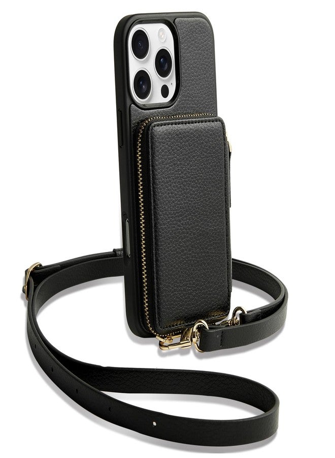 ZVE for iPhone 16 Pro Wallet Case with Card Holder, Zipper Crossbody Case with Wrist Strap for Women for iPhone 16 Pro 6.3" Black - Image 1