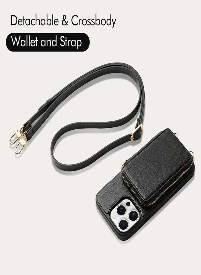 ZVE for iPhone 16 Pro Wallet Case with Card Holder, Zipper Crossbody Case with Wrist Strap for Women for iPhone 16 Pro 6.3" Black - Image 5
