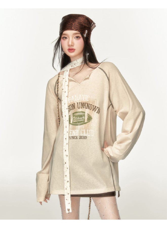 EPTISON Lightweight Long Sleeve T-shirt For Women - Summer Backless Design, Loose Overshirt With Vintage Print, Raglan Sleeves For Slimming Effect - Image 1