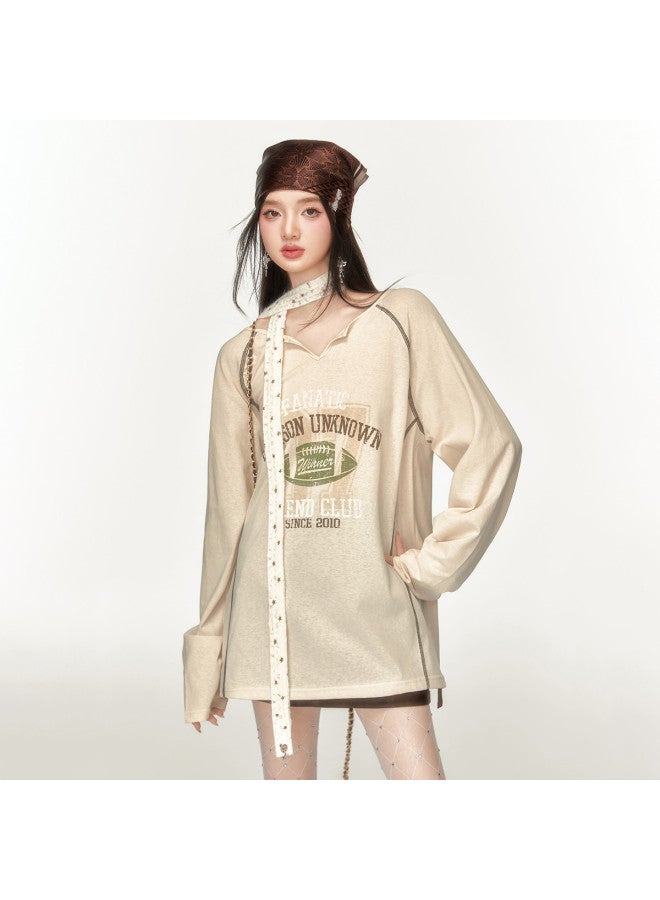 EPTISON Lightweight Long Sleeve T-shirt For Women - Summer Backless Design, Loose Overshirt With Vintage Print, Raglan Sleeves For Slimming Effect - Image 2