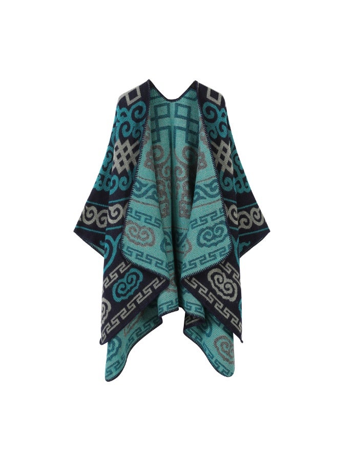 ILovhaprty Women’s Open Front Poncho Cape Reversible Knit Shawl Wrap – Elegant Geometric Pattern Poncho Cape, Navy Blue with Grey Accents Reversible Geometric Pattern Soft Warm Winter Scarf for Travel, Office & Everyday Wear(160cm×135cm)