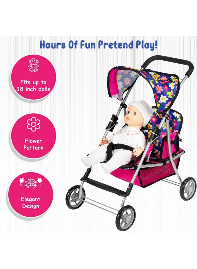 fash n kolor Twin Baby Doll Stroller - Pretend Play Baby Stroller for Dolls - Toy Stroller with Storage Basket for Baby Doll Accessories Set - Flower Design Baby Stroller Toy for Kids - Folds Easily - Image 3