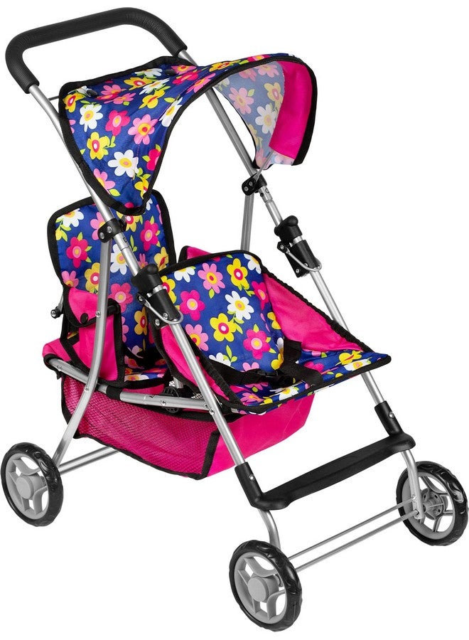 fash n kolor Twin Baby Doll Stroller - Pretend Play Baby Stroller for Dolls - Toy Stroller with Storage Basket for Baby Doll Accessories Set - Flower Design Baby Stroller Toy for Kids - Folds Easily - Image 1