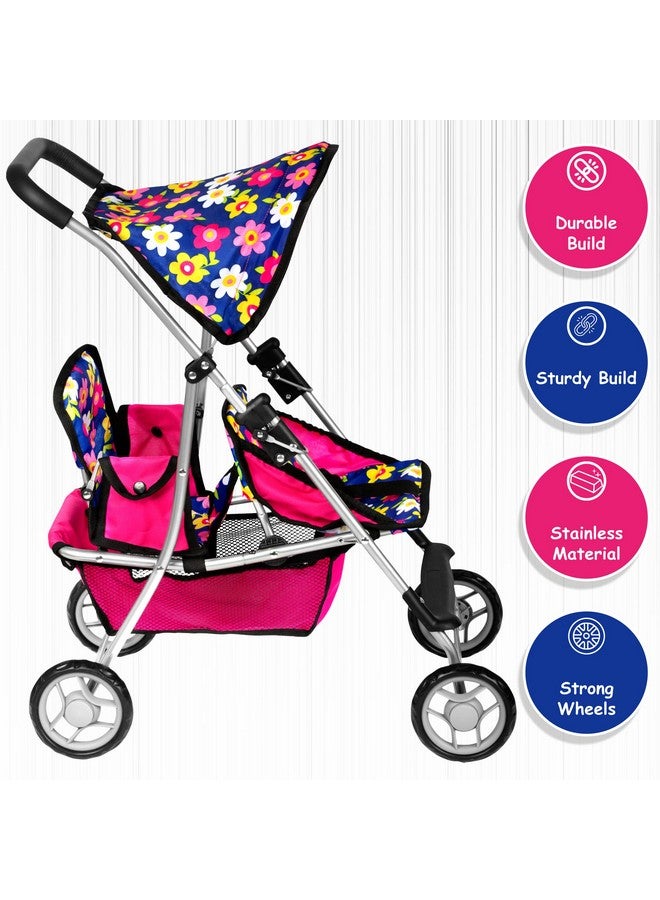 fash n kolor Twin Baby Doll Stroller - Pretend Play Baby Stroller for Dolls - Toy Stroller with Storage Basket for Baby Doll Accessories Set - Flower Design Baby Stroller Toy for Kids - Folds Easily - Image 5