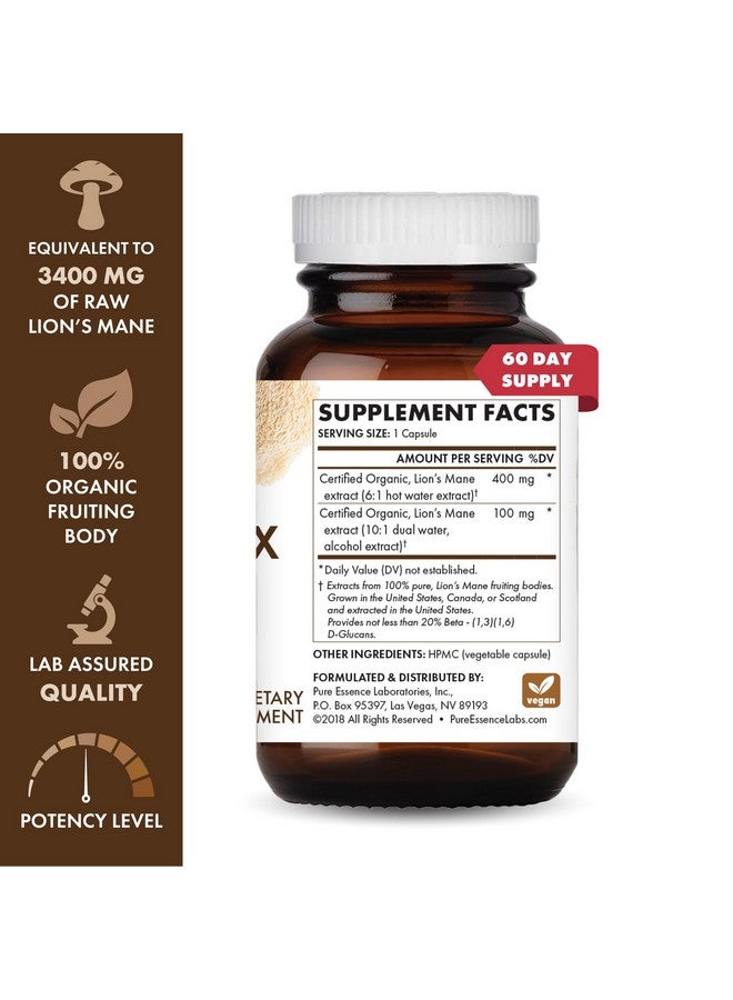 PURE ESSENCE LABS MyPure Lion's Mane 4X - Ultra Strength Brain Support Supplement with 6:1 Hot Water Extract & 10:1 Extract for Cognitive Health, Focus, Memory & Mental Clarity, 60 Capsules - Image 2