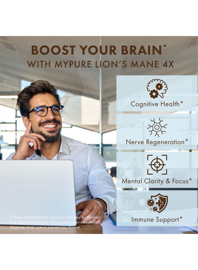 PURE ESSENCE LABS MyPure Lion's Mane 4X - Ultra Strength Brain Support Supplement with 6:1 Hot Water Extract & 10:1 Extract for Cognitive Health, Focus, Memory & Mental Clarity, 60 Capsules - Image 4