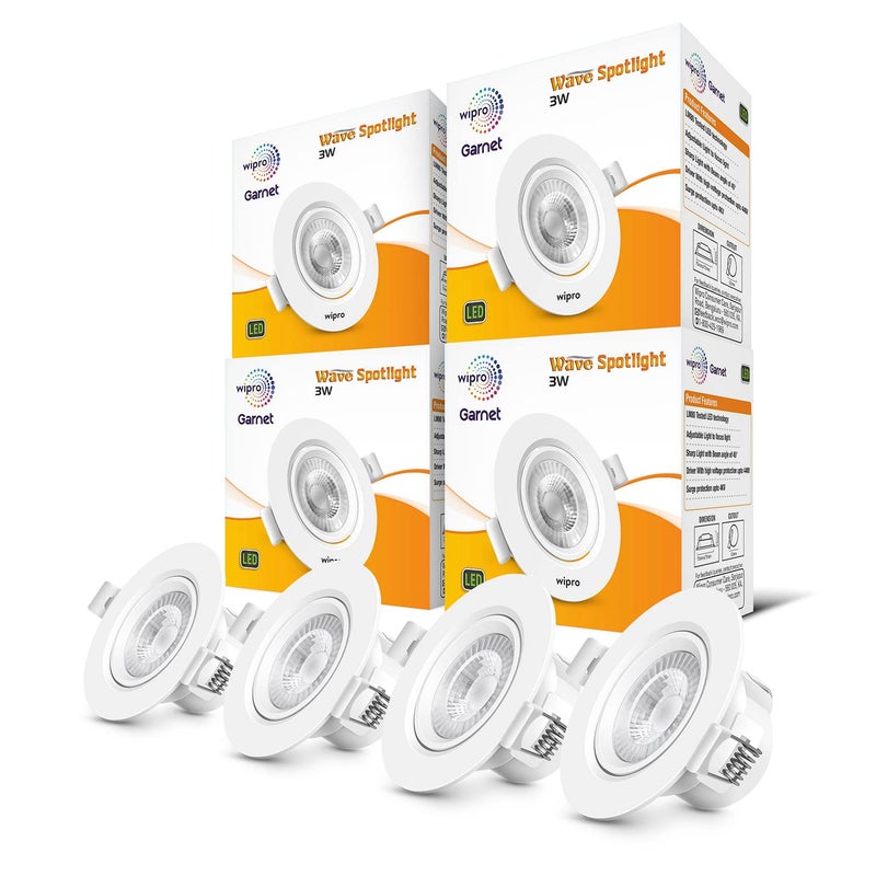 WIPRO wipro Garnet 3W Round Led Wave SpotlightCob Spotlight for CeilingWarm White Light 2700KAdjustable DesignRecessed Tiltable Downlighter for False CeilingCutout60 MmPack of 4  - Image 1