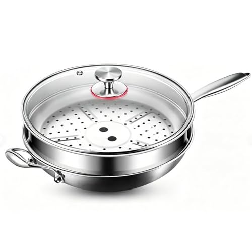 Toutrop Titanium Hammered Pan Pro,Frying Pans Nonstick,Flat Bottom Non-Stick Wok With Lid and Steamer Basket,Durable Scratch-Resistant Titanium Pans for Cooking,14inch with Steamer - Image 1