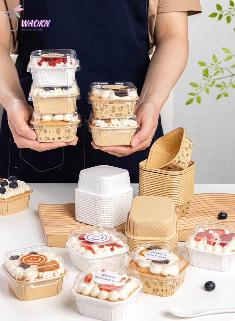 50-Piece Disposable Square Paper Cups With LIDS Cupcake Special Cake Box Packaging Box Baking Pans with Clear Lid White Paper Square Cupcake Cups Mousse Cake Liner Disposable Container For Oven