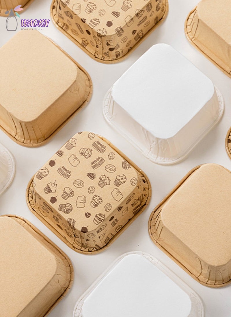 50-Piece Disposable Square Paper Cups With LIDS Cupcake Special Cake Box Packaging Box Baking Pans with Clear Lid White Paper Square Cupcake Cups Mousse Cake Liner Disposable Container For Oven
