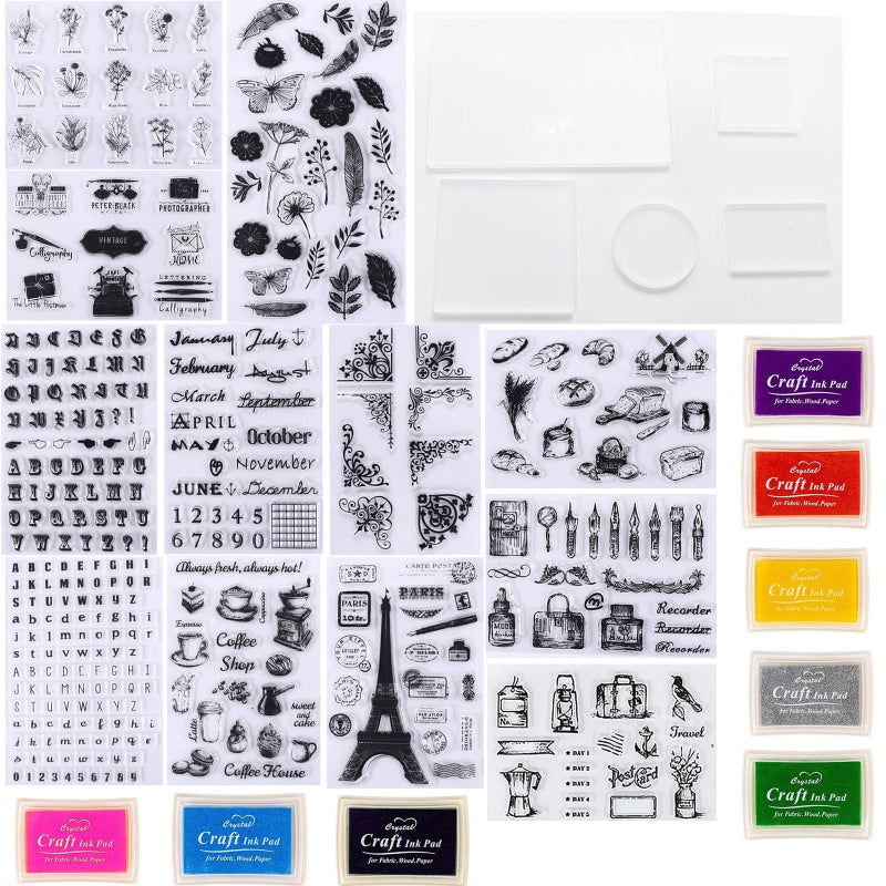 HRJZF 352 Pieces Acrylic Stamp Blocks Tools Set Include 339 Clear Stamp Blocks, 8 Pcs Colorful Craft Ink Pad 5 Pcs Clear Stamping Blocksfor Scrapbooking Card Making DIY - Image 1