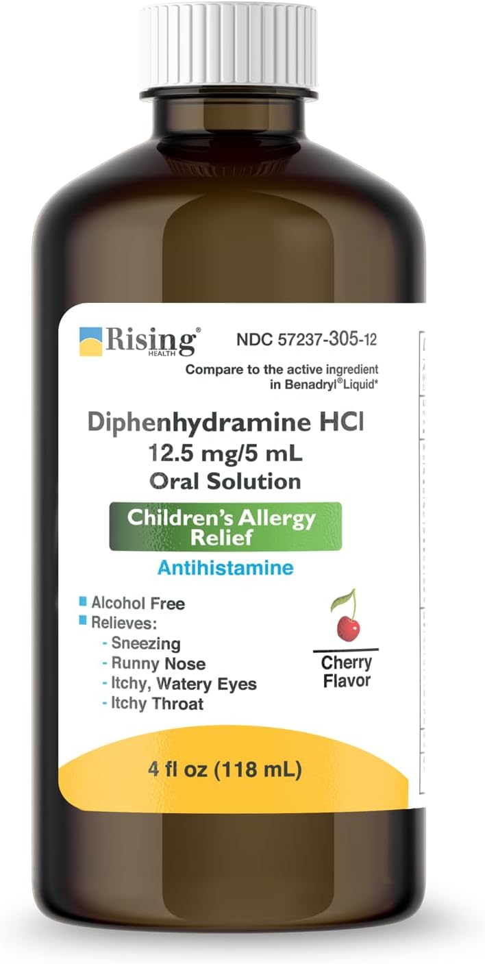 Rising Health  Allergy Relief Liquid Medicine with Diphenhydramine HCl 125mg5ml  Kids Allergy Syrup for Symptoms Like Runny Nose Itchy Eyes  More  Cherry Flavor  4 fl oz - Image 1