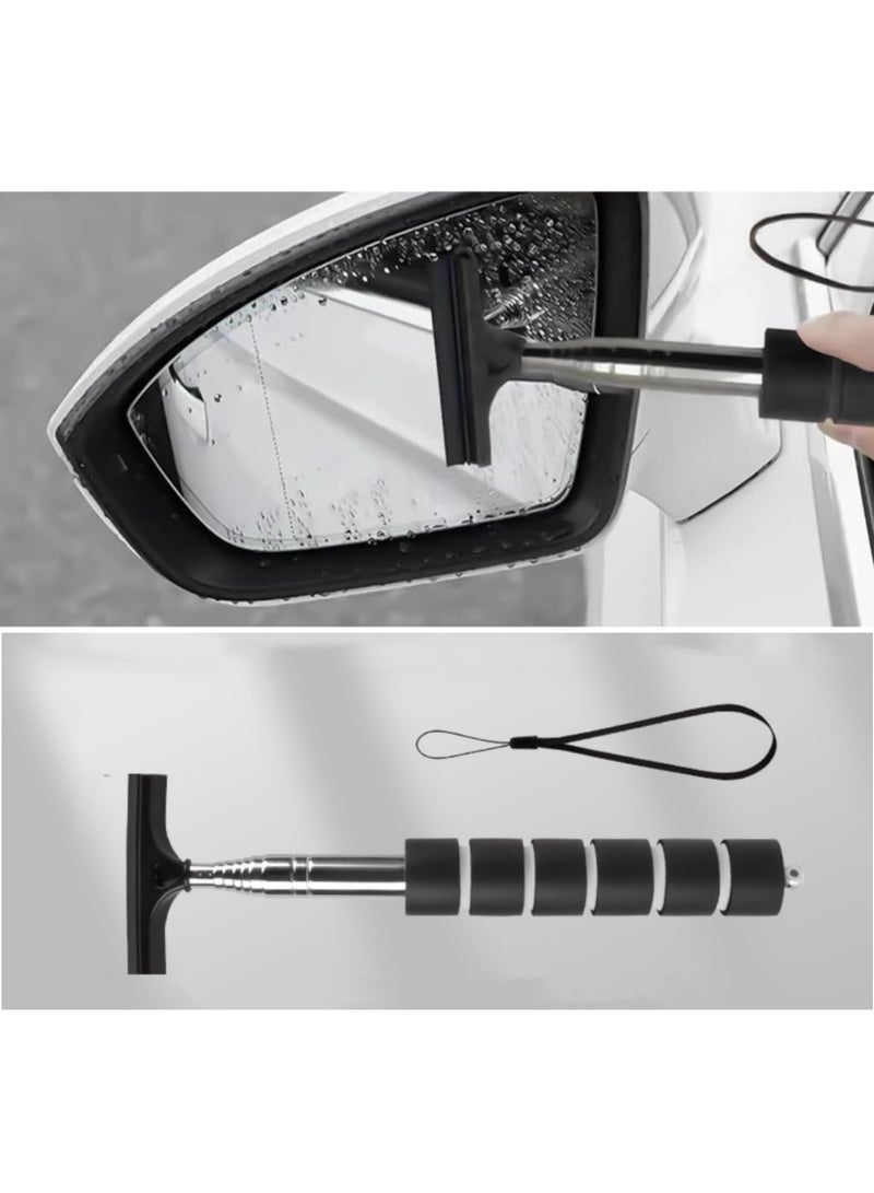 1pc Car Rearview Mirror Wiper, Retractable Auto Glass Squeegee, Water Cleaner with Telescopic Long Rod, Portable Cleaning Tool for All Vehicles, Universal Automotive Accessories (Black) - Image 1