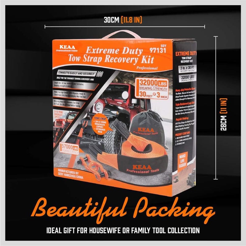 Keaa Nylon Heavy Duty Tow Strap Recovery Strap with Hooks 3" x 30Ft - 32,000 LBS Break Strength, 3/4 D Ring Shackles (2pcs), Recover Your Vehicle Stuck in Mud/Snow. - Image 2