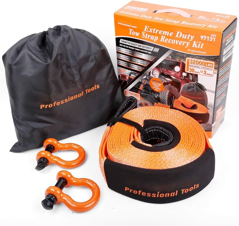 Keaa Nylon Heavy Duty Tow Strap Recovery Strap with Hooks 3" x 30Ft - 32,000 LBS Break Strength, 3/4 D Ring Shackles (2pcs), Recover Your Vehicle Stuck in Mud/Snow. - Image 1