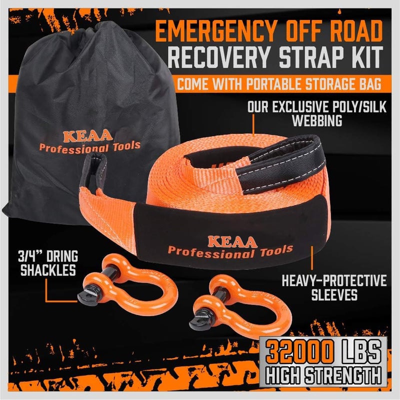 Keaa Nylon Heavy Duty Tow Strap Recovery Strap with Hooks 3" x 30Ft - 32,000 LBS Break Strength, 3/4 D Ring Shackles (2pcs), Recover Your Vehicle Stuck in Mud/Snow. - Image 3